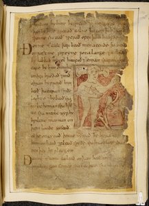 कॉटन विटेलियस ए. XV f.104r, एक पैनोटी, अर्थात् एक आदमी जिसके कान तने पर निकले हुए हैं, एक ऐसी वस्तु पकड़े हुए है जो धनुष जैसी दिखती है, बियोवुल्फ़ से चित्रण, #39;नोवेल कोडेक्स#39; से (चर्मपत्र पर स्याही) द्वारा अंग्रेजी स्कूल