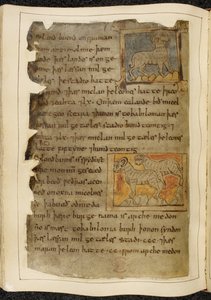 कॉटन विटेलियस ए. XV f.98v, एक सींग वाली भेड़, दाहिनी ओर मुंह करके; दो सींग वाली भेड़, बाईं ओर मुंह करके, बियोवुल्फ़ से, #39;नोवेल कोडेक्स#39; से (चर्मपत्र पर स्याही) द्वारा अंग्रेजी स्कूल