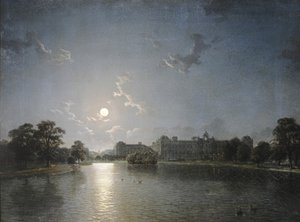 मूनलाइट द्वारा एक झील के पार कंट्री हाउस, c.1850 (कैनवास पर तेल) द्वारा अंग्रेजी स्कूल