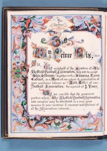 शेफ़ील्ड फुटबॉल एसोसिएशन द्वारा विलियम पियर्स-डिक्स को सचिव, 1882 (कागज पर स्याही) के रूप में उनकी सेवानिवृत्ति के अवसर पर दिए गए एक पते से समर्पण (यह भी देखें 315163) द्वारा अंग्रेजी स्कूल