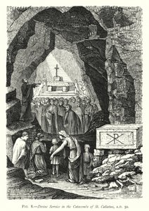सेंट कैलीक्सटस के प्रलय में दिव्य सेवा, ५० ईस्वी (उत्कीर्णन) द्वारा अंग्रेजी स्कूल