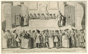1763 में गिल्डहॉल में राज्य लॉटरी का चित्रण द्वारा अंग्रेजी स्कूल