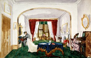 ड्राइंग रूम इंटीरियर, पियानो में महिला, गेंदबाज टोपी लेखन में पुरुष, c.1850 (कागज पर पानी के रंग का) द्वारा अंग्रेजी स्कूल