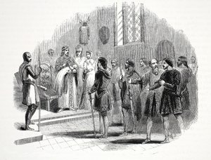 एडवर्ड द फर्स्ट प्रेजेंटिंग वेल्श चीफ्टन्स जो उनके बीच पैदा हुए राजकुमार के साथ है, रूडलान कैसल में द्वारा अंग्रेजी स्कूल