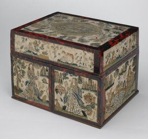 कशीदाकारी कास्केट, c.1660 (रेशम, कैनवास, लकड़ी, कछुआ और चांदी की कलगी)