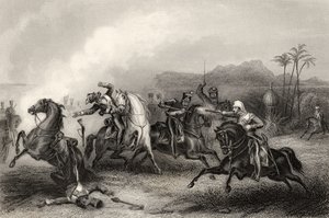1858 में प्रकाशित &39;द हिस्ट्री ऑफ द इंडियन म्यूटिनी&39; से, बेवॉन्ग लेफ्टिनेंट हिल्स और सिपाही कैवलरी का एक शरीर द्वारा अंग्रेजी स्कूल