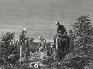 चिल्लियांवाला की लड़ाई के बाद 24वीं रेजिमेंट के रंग ढूँढना, c.1850 (उत्कीर्णन) द्वारा अंग्रेजी स्कूल