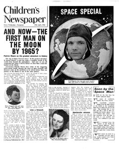 1965 तक चंद्रमा पर पहला आदमी, &39;द चिल्ड्रेन न्यूजपेपर&39; का फ्रंट पेज, 1961 (न्यूज़प्रिंट)