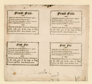 1814 का फ्रॉस्ट मेला। बर्फ पर मुद्रित स्मृति चिन्ह द्वारा अंग्रेजी स्कूल