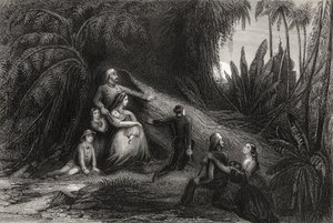 1858 में प्रकाशित &39;द हिस्ट्री ऑफ द इंडियन म्यूटिनी&39; से अपने परिवार के साथ भगोड़े अधिकारी बैंगनी में छिप गए द्वारा अंग्रेजी स्कूल