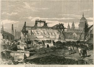 लंदन के ब्लैकपाइर्स में लंदन, चाथम और डोवर रेलवे ब्रिज के कार्यों का सामान्य दृश्य द्वारा अंग्रेजी स्कूल