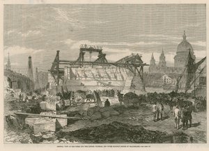 Blackfriars पर लंदन, चैथम और डोवर रेलवे पुल के कार्यों का सामान्य दृश्य द्वारा अंग्रेजी स्कूल