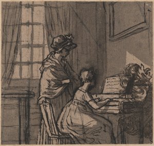 लड़की क्लैविकॉर्ड, c.1800 (कागज पर पेन और वॉश) द्वारा अंग्रेजी स्कूल