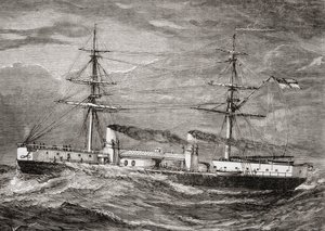 HMS Inflexible, ब्रिटिश रॉयल नेवी के अजेय वर्ग बैटलक्रूज़र, चिल्ड्रन स्पेशल सर्विस मिशन, 1885 द्वारा प्रकाशित &39;हमारी अपनी पत्रिका&39; से चित्रण द्वारा अंग्रेजी स्कूल