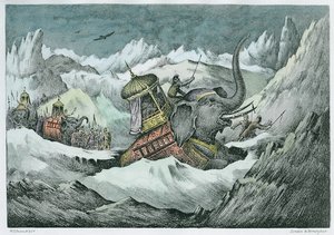 हन्नीबल (247-c.183 ईसा पूर्व) और उनके युद्ध के हाथी आल्प्स को पार करते हुए (बाद में बस्ती)