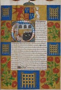 हार्ले 1498, f.1 हेनरी VII वेस्टमिंस्टर एब्बे के मठाधीश जॉन इस्लिप को अनुबंध प्रस्तुत करते हुए, वेस्टमिंस्टर एब्बे के अनुबंध (वेल्लम) द्वारा अंग्रेजी स्कूल