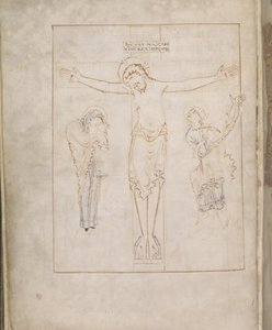 हार्ले 2904, f.3v, क्रूसीफिकेशन; वर्जिन के साथ, और सेंट जॉन एक स्क्रॉल पर अपनी गवाही लिख रहे हैं, रैमसे साल्टर से, लगभग 900-1000 (वेल्लम) द्वारा अंग्रेजी स्कूल