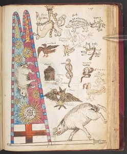 हार्ले 4632, f.242, बॉसवर्थ में रिचर्ड III का बैनर, प्लस यॉर्किस्ट सनबर्स्ट (वेल्लम) द्वारा अंग्रेजी स्कूल