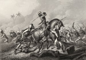 1858 में प्रकाशित &39;द हिस्ट्री ऑफ द इंडियन म्यूटिनी&39; से Cawnpore से पहले म्यूटिनर्स पर हमला करने वाले हैवलॉक स्तंभ द्वारा अंग्रेजी स्कूल