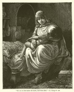 "वह दोपहर तक उसके घुटनों पर बैठा रहा, और फिर मर गया", II, किंग्स, iv, 20 (उत्कीर्णन) द्वारा अंग्रेजी स्कूल