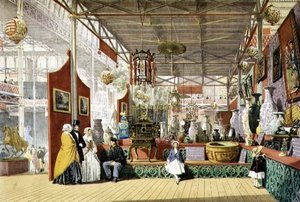1851 की महान प्रदर्शनी में आंतरिक स्टैंड से हेविट्स चाइना वेयरहाउस, 'डिकिन्सन कॉम्प्रिहेंसिव पिक्चर्स' (कलर लिथो) से द्वारा अंग्रेजी स्कूल