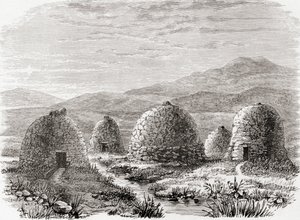 1859 में प्रकाशित सैमुअल जी। ग्रीन द्वारा &39;स्कॉटिश पिक्चर्स ड्रोन विद पेन एंड पेंसिल&39; से 1859 में यूग, लुईस द्वीप के बाहरी द्वीप में बसे हुए झोपड़े द्वारा अंग्रेजी स्कूल