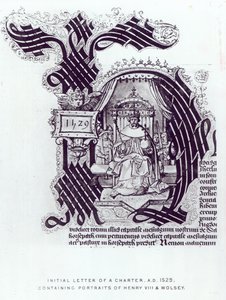 हेनरी अष्टम और वोल्सी, 1529 के चित्रों वाले एक चार्टर का प्रारंभिक पत्र द्वारा अंग्रेजी स्कूल