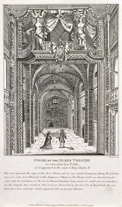 1820 के रिचर्ड सॉयर द्वारा उत्कीर्ण ड्यूक्स थियेटर, लंदन के अंदर द्वारा अंग्रेजी स्कूल
