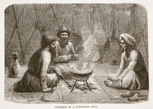 एक तुर्कमान टेंट का इंटीरियर, इंग्लैंड के कैसल्स इलस्ट्रेटेड हिस्ट्री से चित्रण द्वारा अंग्रेजी स्कूल