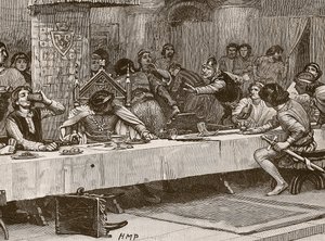 बैलिओल्ट क्रिसमस डिनर में बाधा डालना, इंग्लैंड के कैसल्स इलस्ट्रेटेड हिस्ट्री से चित्रण द्वारा अंग्रेजी स्कूल