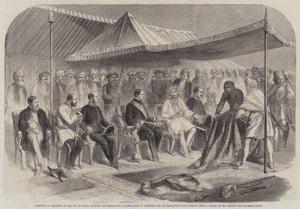 कश्मीरी के महाराजा रुंबीर सिंह और महामहिम लॉर्ड कैनिंग (उत्कीर्णन) के बीच 9 मार्च को सीलकोट में साक्षात्कार द्वारा अंग्रेजी स्कूल