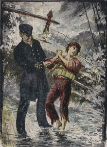 स्टीमशिप साइप्रियन के कप्तान जॉन अलेक्जेंडर स्ट्रेचन, 1881 में वेल्श तट पर तूफान में जहाज के बर्बाद होने से पहले एक युवा स्टोववे को अपना जीवन रक्षक जैकेट देते हुए (रंगीन लिथो) द्वारा अंग्रेजी स्कूल