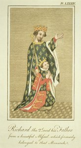 किंग रिचर्ड II (1367-1400) अपने पिता एडवर्ड (1330-76) के साथ द ब्लैक प्रिंस, द कम्प्लीट व्यू ऑफ़ द ड्रेस एंड हैबिट्स ऑफ़ द पीपुल ऑफ़ इंग्लैंड वॉल्यूम II, 1799 में प्रकाशित (रंगीन) द्वारा अंग्रेजी स्कूल