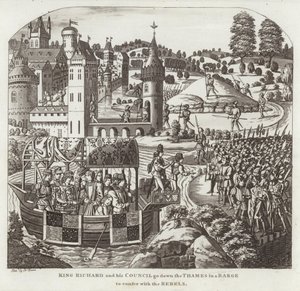 राजा रिचर्ड और उनकी परिषद विद्रोहियों को सम्मानित करने के लिए एक बजरा में टेम्स के नीचे जाती है द्वारा अंग्रेजी स्कूल