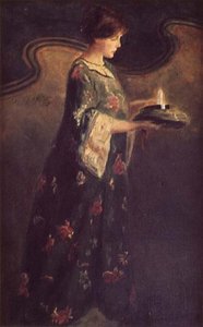 एक मोमबत्ती के साथ महिला, c.1890 द्वारा अंग्रेजी स्कूल