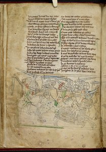 लैंसडाउन 782 f.26v घुड़सवार शूरवीरों के बीच लड़ाई, #39;चैनसन डी#39;एस्प्रेमोंट#39; से, लगभग 1240-50 (वेल्लम) द्वारा अंग्रेजी स्कूल