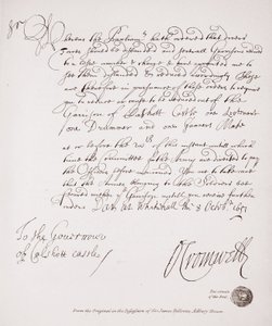 ऑलिवर क्रॉमवेल, 1651 से कॉल्सहोट कैसल के गवर्नर को पत्र, सर जेम्स फैलो, एडबरी हाउस के कब्जे में मूल से संकाय द्वारा अंग्रेजी स्कूल