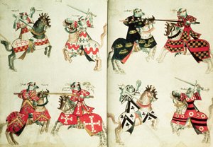 एमएस हार्ले 4205 fol.31v-32 घुड़सवार योद्धा हेराल्डिक प्रतीक (वेल्लम) दिखाते हुए द्वारा अंग्रेजी स्कूल