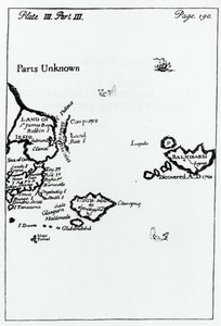 जोनाथन स्विफ्ट द्वारा गुलिवर्स ट्रेवल्स का मानचित्र (1667-1745)