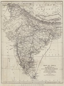 वेल्स के राजकुमार एचआरएच के प्रस्तावित मार्ग को दर्शाने वाला भारत का नक्शा (उत्कीर्णन) द्वारा अंग्रेजी स्कूल