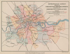 मेट्रोपॉलिटन लंदन का नक्शा संसदीय बोरो और डिवीजनों को दर्शाता है, 1885