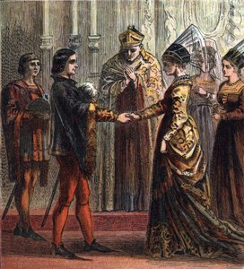 1420 में कैथरीन डी वालोइस (1401-1437) के साथ इंग्लैंड के राजा हेनरी वी (1387-1422) का विवाह। "हेनरी वी की शादी," 1420। हेनरी ने फ्रांस के राजा की बेटी कैथरीन से शादी की। द्वारा अंग्रेजी स्कूल