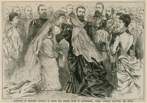 हेस्से की राजकुमारी विक्टोरिया की शादी और बैटनबर्ग के राजकुमार लुइस, 16 मई 1884 को दुल्हन को सलामी देते हुए महारानी विक्टोरिया द्वारा अंग्रेजी स्कूल