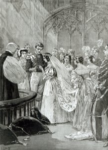 महारानी विक्टोरिया का विवाह (1819-1901) और प्रिंस अल्बर्ट (1819-61) 10 फरवरी 1840 को सेंट जेम्ज़ पैलेस में, 1887 में प्रकाशित द्वारा अंग्रेजी स्कूल