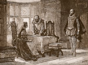मैरी ने Lochleven Castle में पदत्याग के हस्ताक्षर पर हस्ताक्षर किए, इंग्लैंड के कैसल्स इलस्ट्रेटेड हिस्ट्री से चित्रण द्वारा अंग्रेजी स्कूल