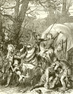 Mediaeval सीमा शुल्क। एक व्यापारी कारवां पर हमला करने वाले रॉबर्स नाइट्स द्वारा अंग्रेजी स्कूल