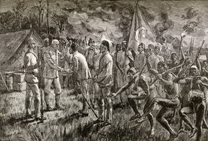 मेहमत एमिन पाशा और गेटानो कासती 1889, 1890 में सर हेनरी मोर्टन स्टेनली के लेक अल्बर्ट झील के किनारे के शिविर में पहुँचे। द्वारा अंग्रेजी स्कूल