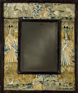 राइज़्ड-वर्क एम्ब्रायडरी वाला मिरर, c. 1650-1700 (मोती, धातु पर्ल, फीता, रेशम, लिनन, लकड़ी, कांच) द्वारा अंग्रेजी स्कूल
