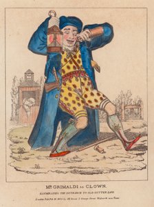 मसखरा के रूप में मिस्टर जोसेफ ग्रिमाल्डी, ओल्ड गटर लेन में प्रवेश को रोशन करते हैं द्वारा अंग्रेजी स्कूल
