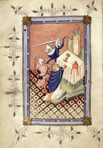Ms.49 f.18v सेंट थॉमस ऑफ़ कैंटरबरी (c.1118-70) दो शूरवीरों, होराए, c.1420-30 द्वारा हमला द्वारा अंग्रेजी स्कूल